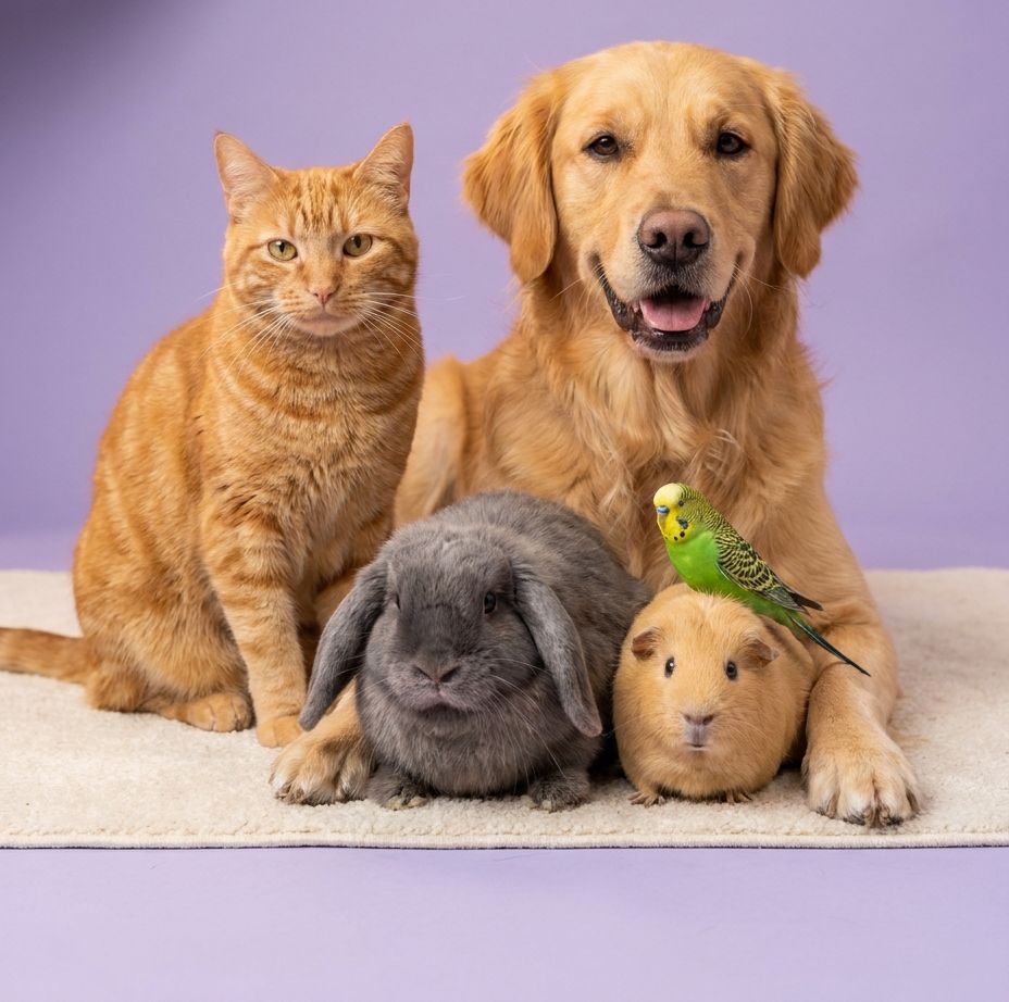 Un chien, un chat, un lapin, un cochon d’Inde et une perruche réunis