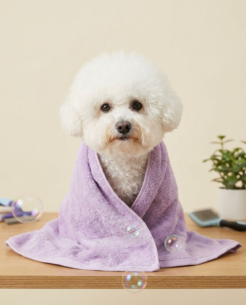 Un bichon enveloppé dans une serviette mauve après son bain